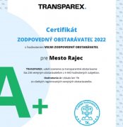 Certifikát pre Mesto Rajec - Zodpovedný obstarávateľ A+ za rok 2022